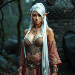 A stunningly beautiful woman with striking features embodying an elf, characterized by exceptionally large breasts and mesmerizing golden eyes