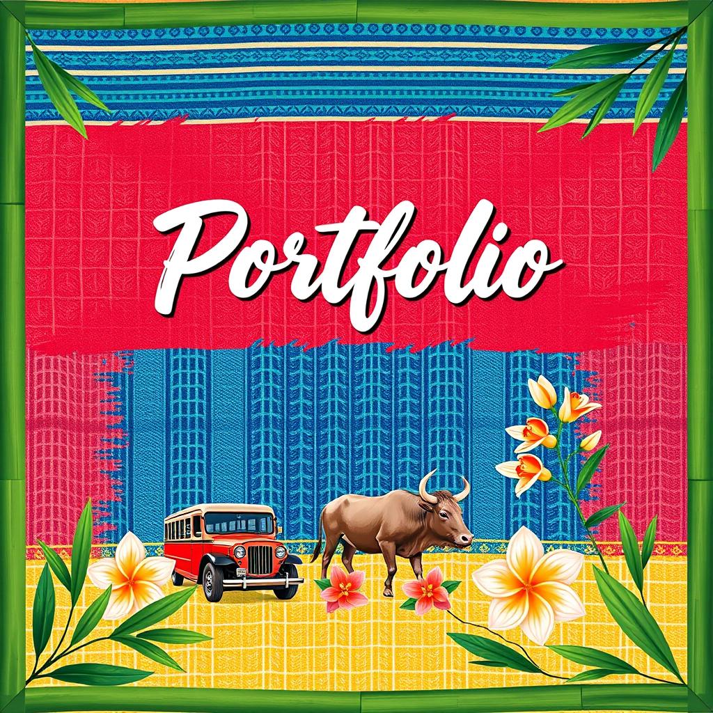A captivating cover page design for a portfolio centered around Filipino subjects, seamlessly integrating cultural elements that reflect the Philippines' rich heritage