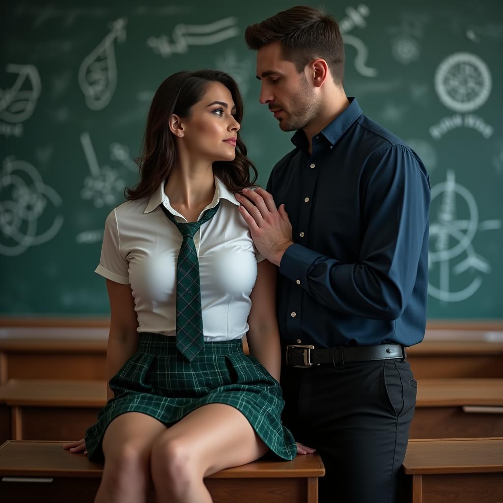 A dark romance book cover set in a classroom, featuring a blurred chalkboard in the background adorned with intricate magical symbols