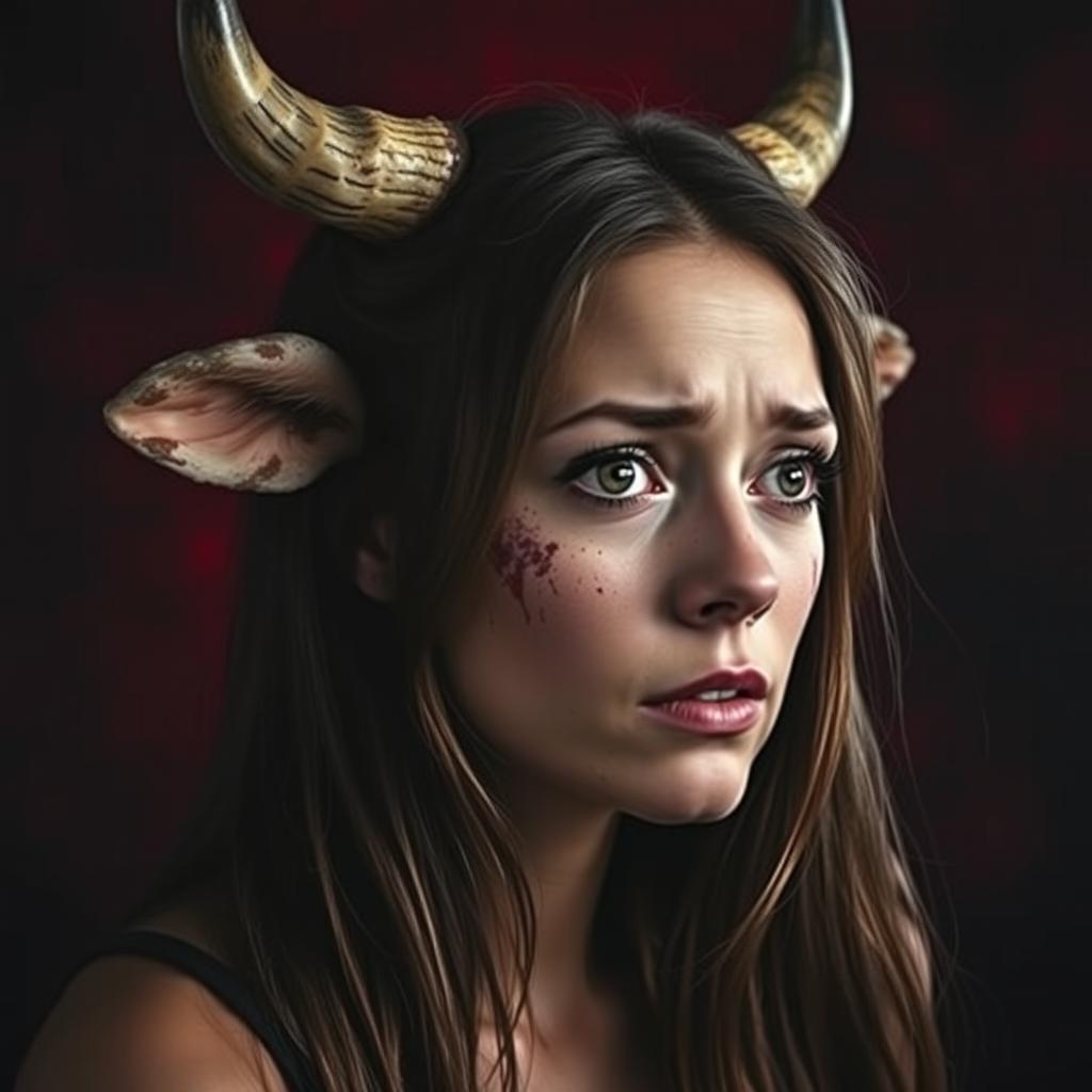A woman with cow's horns and ears on her head, looking to the left with a sad and slightly scared expression on her face