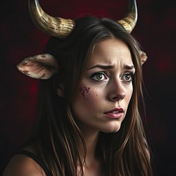 A woman with cow's horns and ears on her head, looking to the left with a sad and slightly scared expression on her face