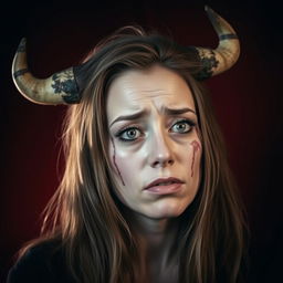 A woman with cow's horns and ears on her head, looking to the left with a sad and slightly scared expression on her face