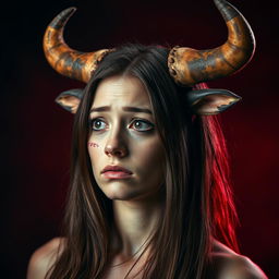 A woman with cow's horns and ears on her head, looking to the left with a sad and slightly scared expression on her face