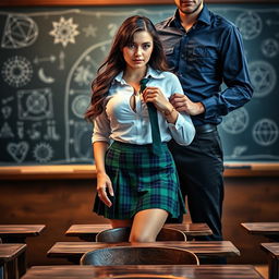A dark romance book cover set in a captivating classroom environment, where a blurred chalkboard in the background displays intricate magical symbols