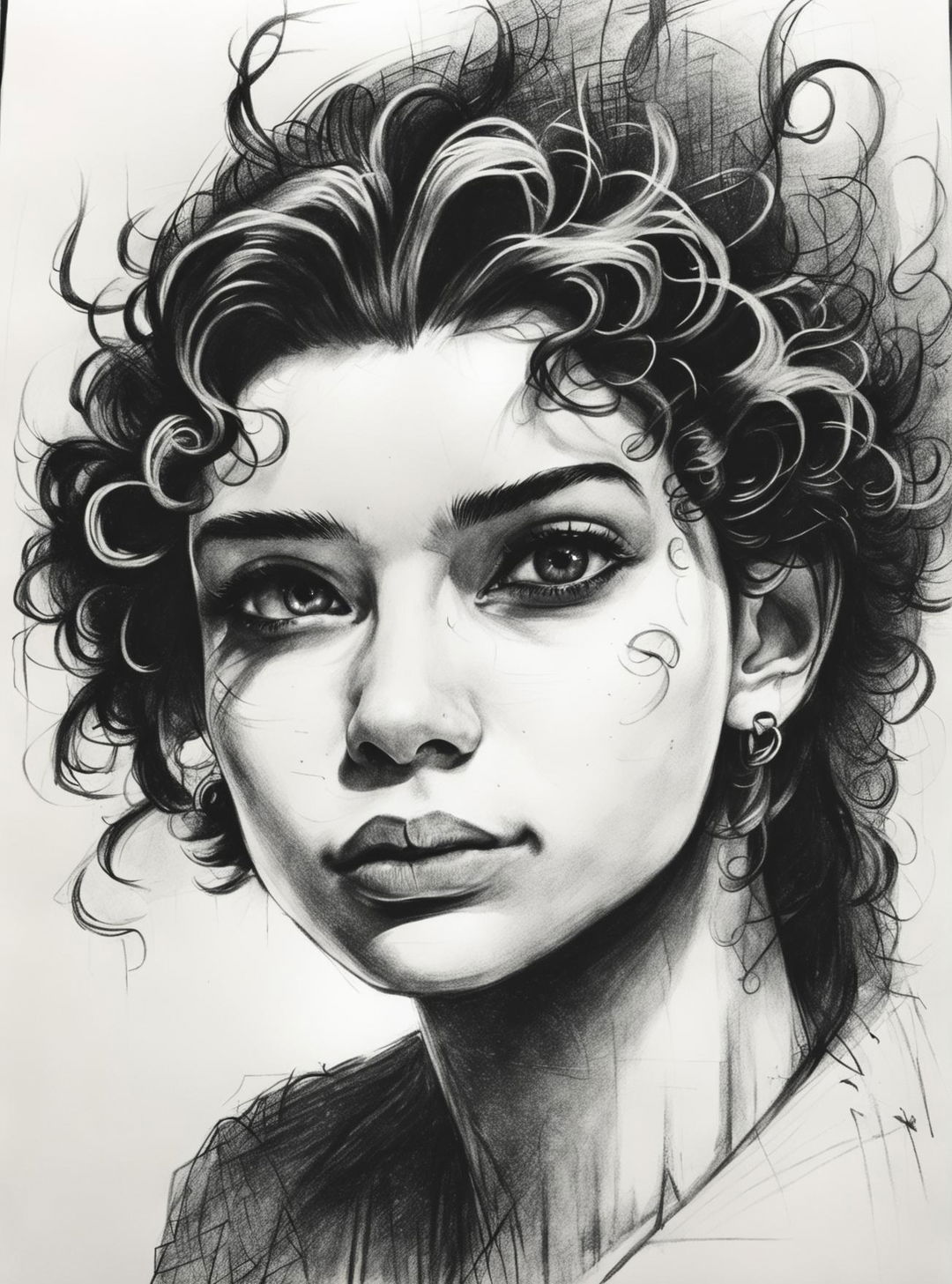 An intricate black and white pencil sketch of a striking individual, featuring more complex and detailed features than the previous sketch