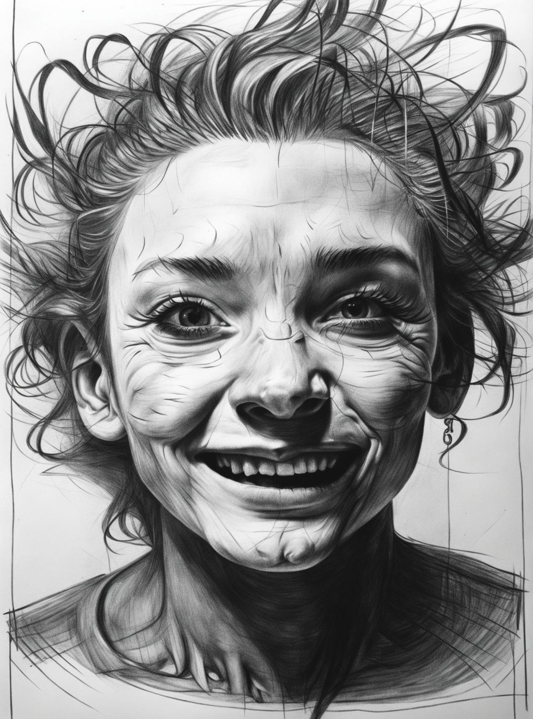 This is a high-quality, intricate black and white graphite pencil drawing of a person