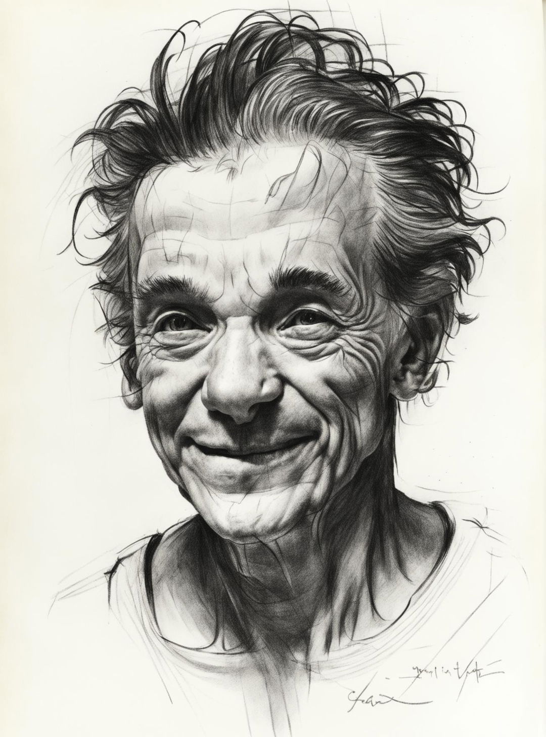 A high-quality, black and white graphite pencil sketch of a cheerful elderly man