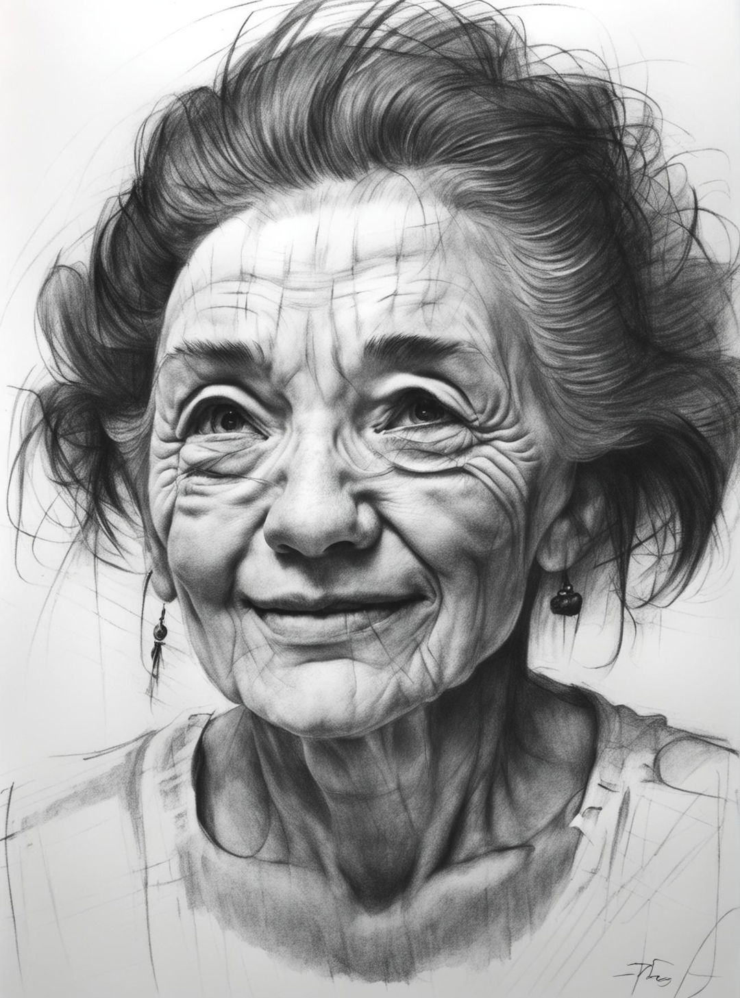 A beautifully executed black and white graphite pencil sketch of a joyful elderly lady