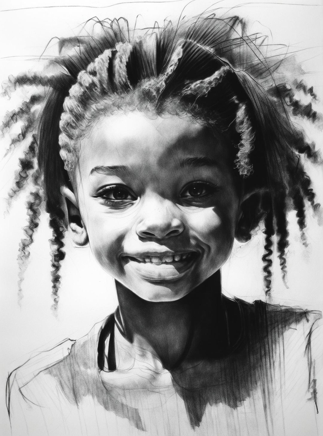 A stunning black and white graphite pencil sketch of a joyful young black girl