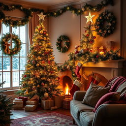 A professionally decorated Christmas scene featuring a beautifully adorned Christmas tree with twinkling lights, elegant ornaments, and a star on top