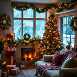 A professionally decorated Christmas scene featuring a beautifully adorned Christmas tree with twinkling lights, elegant ornaments, and a star on top