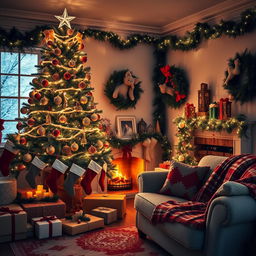 A professionally decorated Christmas scene featuring a beautifully adorned Christmas tree with twinkling lights, elegant ornaments, and a star on top
