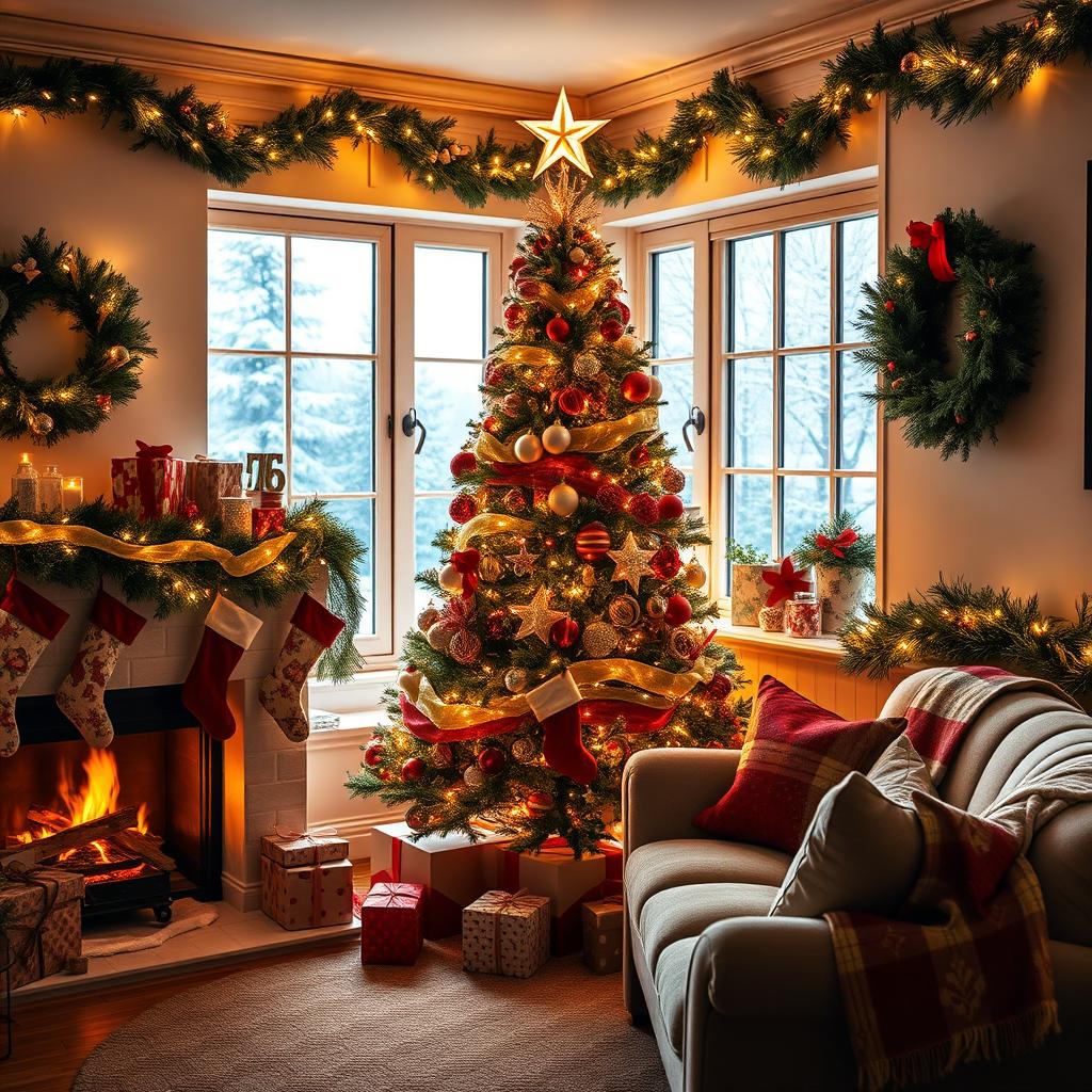 A professionally decorated Christmas scene featuring a beautifully adorned Christmas tree with twinkling lights, elegant ornaments, and a star on top