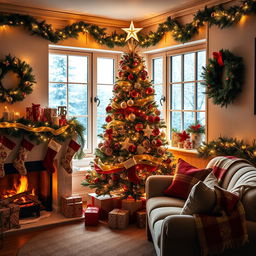 A professionally decorated Christmas scene featuring a beautifully adorned Christmas tree with twinkling lights, elegant ornaments, and a star on top