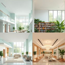A beautifully designed hospital with calming architecture, featuring a soothing color palette of pale blues and soft greens