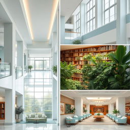 A beautifully designed hospital with calming architecture, featuring a soothing color palette of pale blues and soft greens
