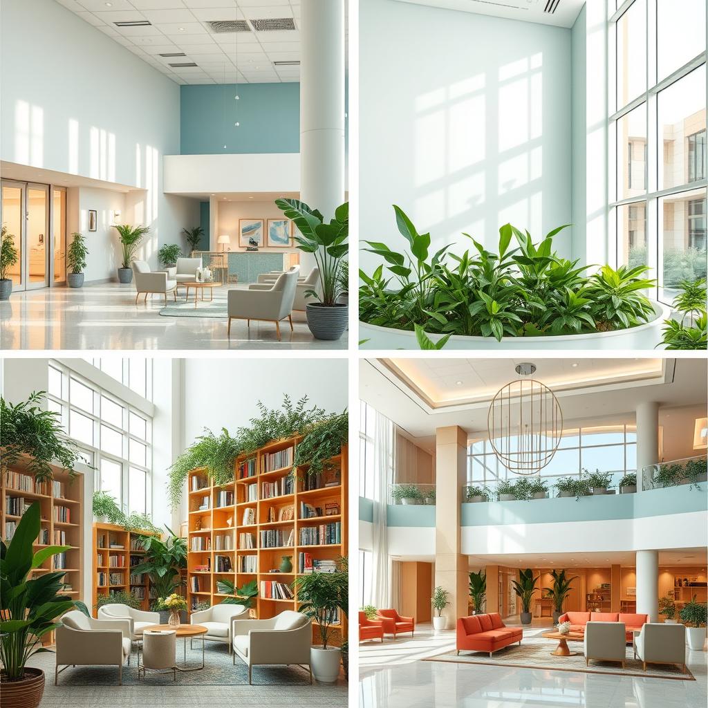 A beautifully designed hospital with calming architecture, featuring a soothing color palette of pale blues and soft greens