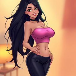 A stunning illustration of a hot female character, blending features from both styles