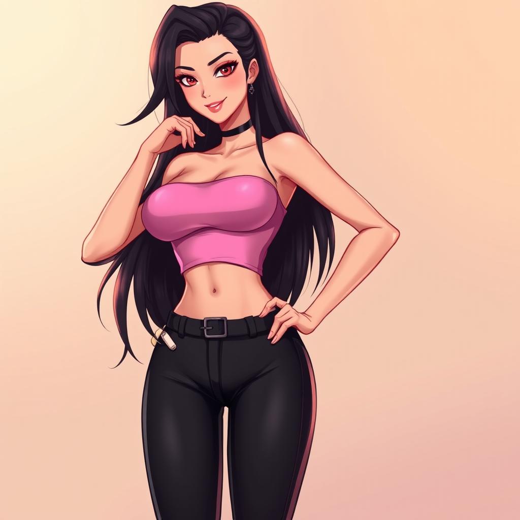 A stunning illustration of a hot female character, blending features from both styles