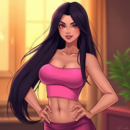 A realistic illustration of a hot female character, merging features from two different styles
