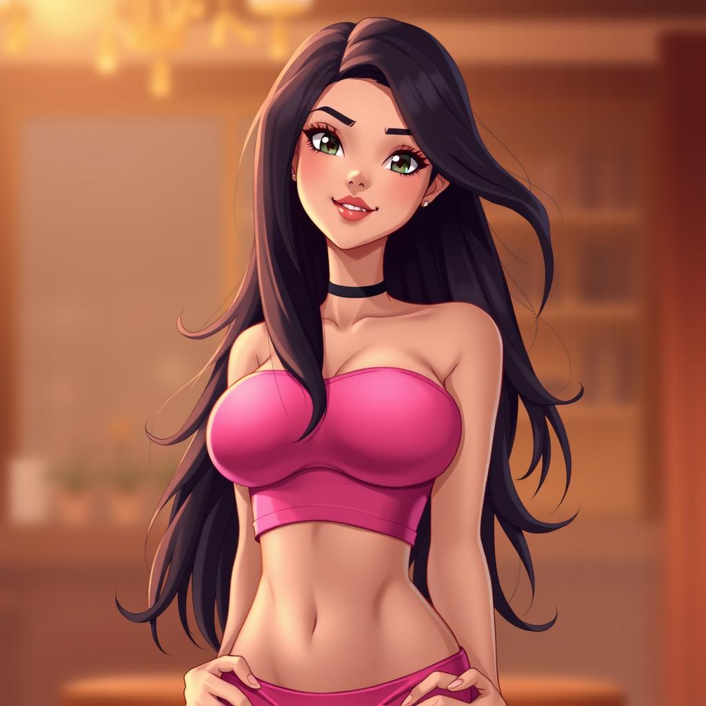 A realistic illustration of a hot female character, merging features from two different styles