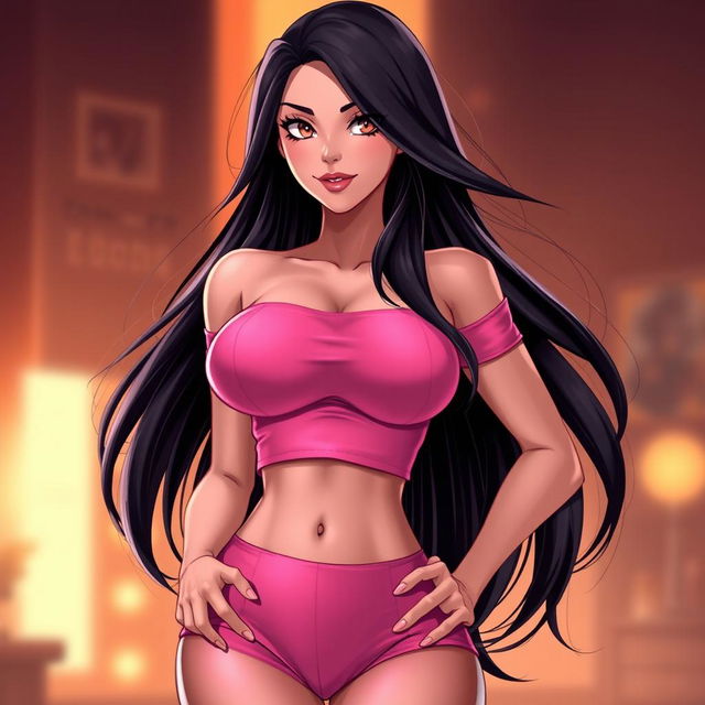 A realistic illustration of a hot female character, merging features from two different styles