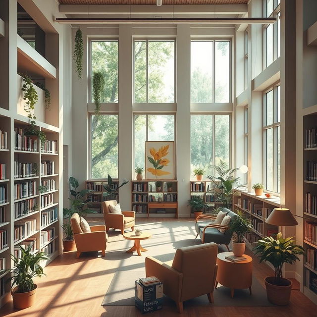 A serene and beautiful library designed with soft, calming colors aimed at reducing stress