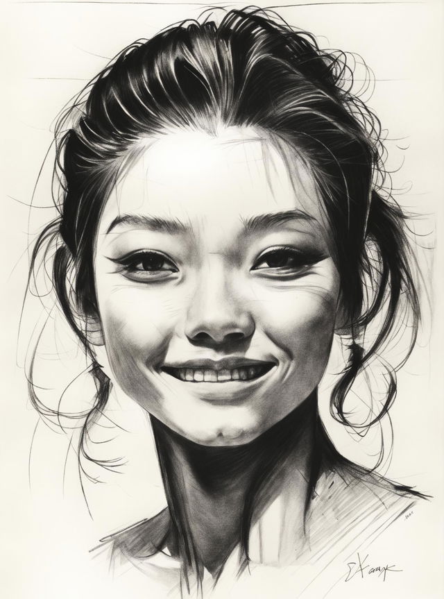 A captivating black and white graphite pencil sketch of a joyful Asian woman