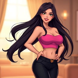 A realistic illustration of an attractive female character, featuring long, flowing dark hair and a confident expression