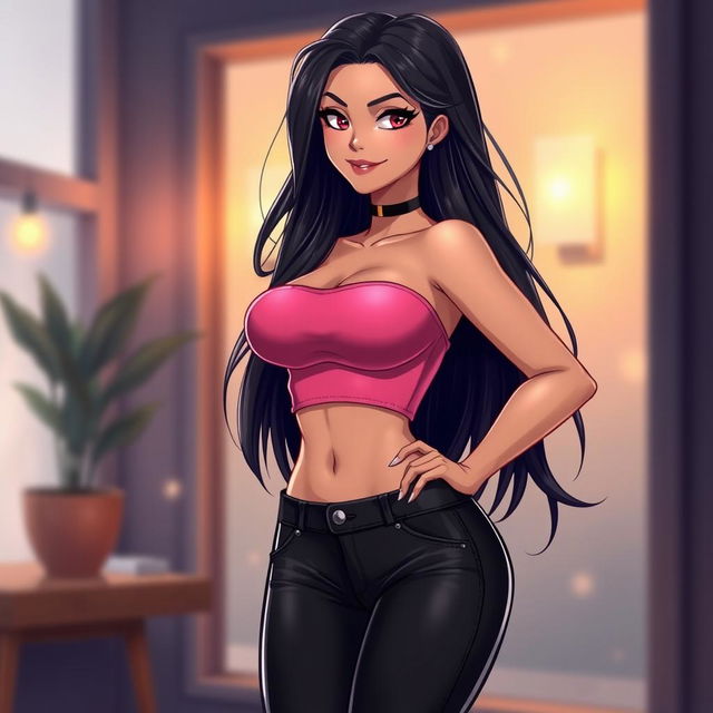 A realistic illustration of an attractive female character, featuring long, flowing dark hair and a confident expression