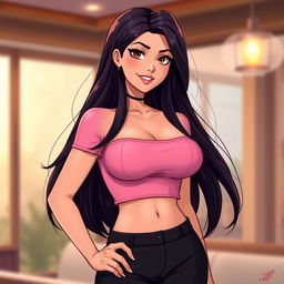 A realistic illustration of an attractive female character, featuring long, flowing dark hair and a confident expression