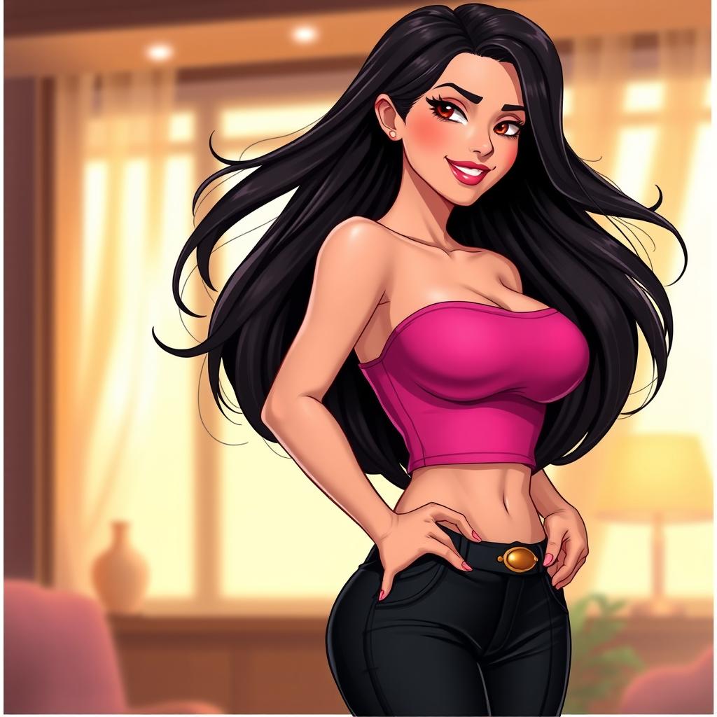 A realistic illustration of an attractive female character, featuring long, flowing dark hair and a confident expression