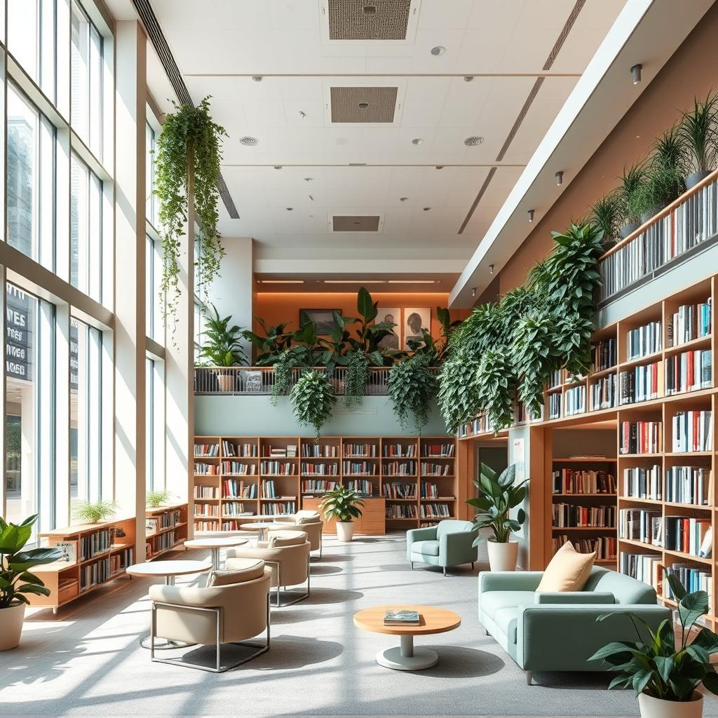 A beautifully designed public library featuring soft, calming colors like pastel blues, greens, and warm neutrals