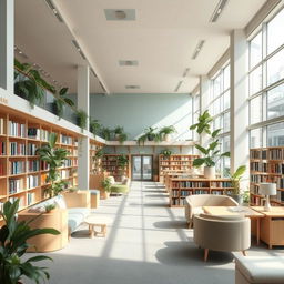 A beautifully designed public library featuring soft, calming colors like pastel blues, greens, and warm neutrals