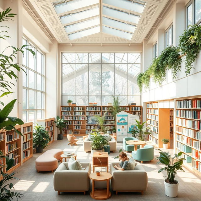 A beautifully designed public library featuring soft, calming colors like pastel blues, greens, and warm neutrals