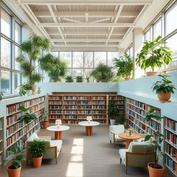 A beautifully designed public library featuring soft, calming colors like pastel blues, greens, and warm neutrals