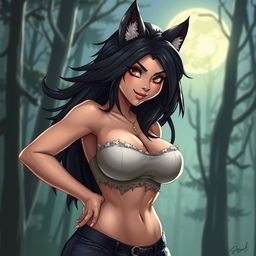 A realistic illustration of a hot female werewolf character, featuring long, flowing dark hair that cascades down her shoulders and accentuates her wild yet alluring look