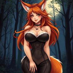A realistic illustration of a hot female werefox character, featuring long, flowing auburn hair that enhances her wild and captivating essence