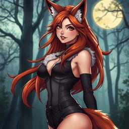 A realistic illustration of a hot female werefox character, featuring long, flowing auburn hair that enhances her wild and captivating essence