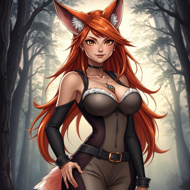 A realistic illustration of a hot female werefox character, featuring long, flowing auburn hair that enhances her wild and captivating essence