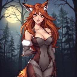 A realistic illustration of a hot female werefox character, featuring long, flowing auburn hair that enhances her wild and captivating essence