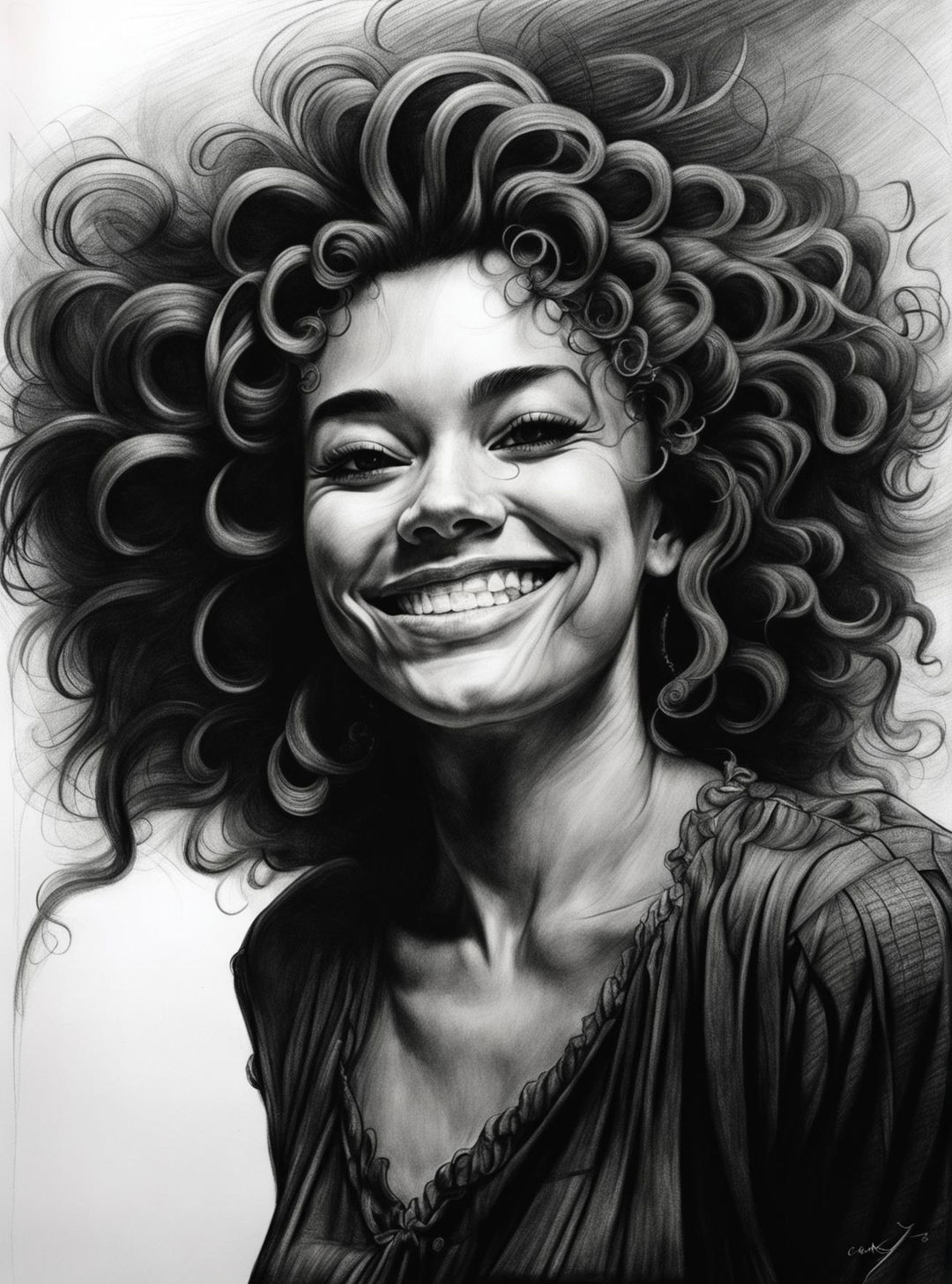 A high-quality, black and white graphite pencil drawing of a joyous, fuller figured lady