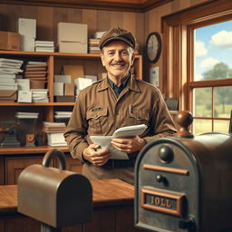 A vintage-inspired scene featuring a postmaster standing proudly at a wooden post office counter