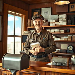 A vintage-inspired scene featuring a postmaster standing proudly at a wooden post office counter