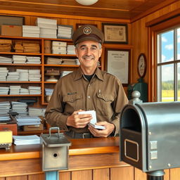 A vintage-inspired scene featuring a postmaster standing proudly at a wooden post office counter