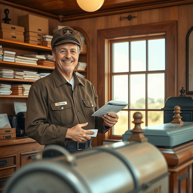 A vintage-inspired scene featuring a postmaster standing proudly at a wooden post office counter