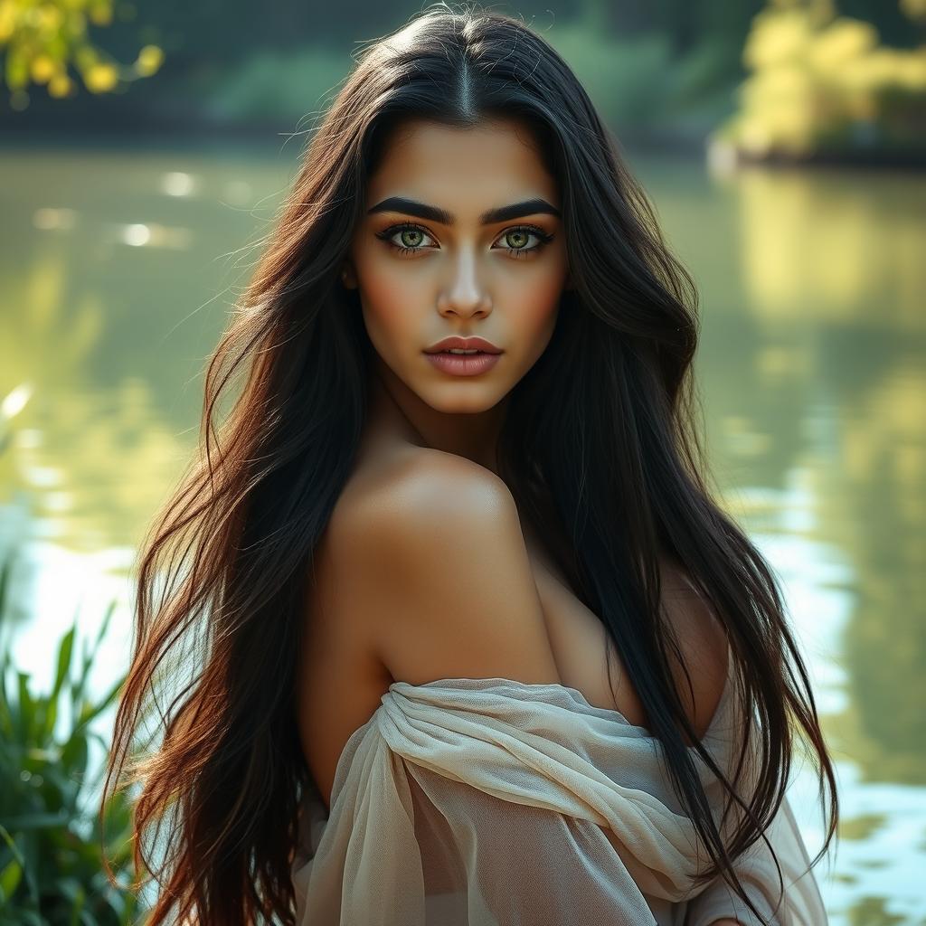 A beautiful 18-year-old Iranian girl, very attractive and stunning, posing semi-nude beside a tranquil body of water