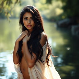 A beautiful 18-year-old Iranian girl, very attractive and stunning, posing semi-nude beside a tranquil body of water