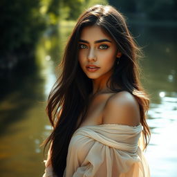 A beautiful 18-year-old Iranian girl, very attractive and stunning, posing semi-nude beside a tranquil body of water