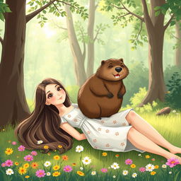 A playful and cute illustration featuring a beaver sitting on a beautiful young woman